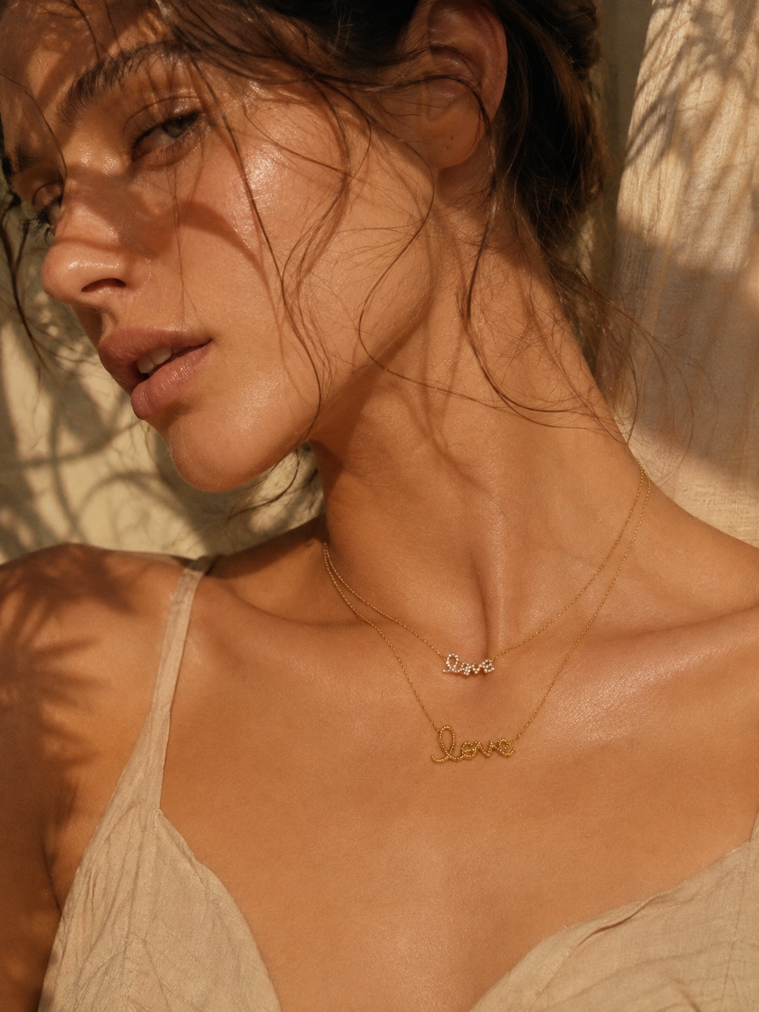 Gold Love Layered Necklace Set – Dainty Crystal Love Pendant & Script Necklace for Women