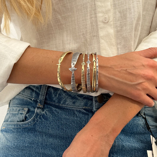 Vintage Fishbone Cuff Bracelet Set for Women | Gold & Silver Stackable Bangle Jewelry