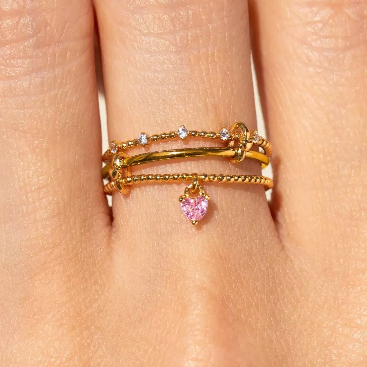 Gold Layered Stackable Ring with Pink Heart Charm & CZ Accents