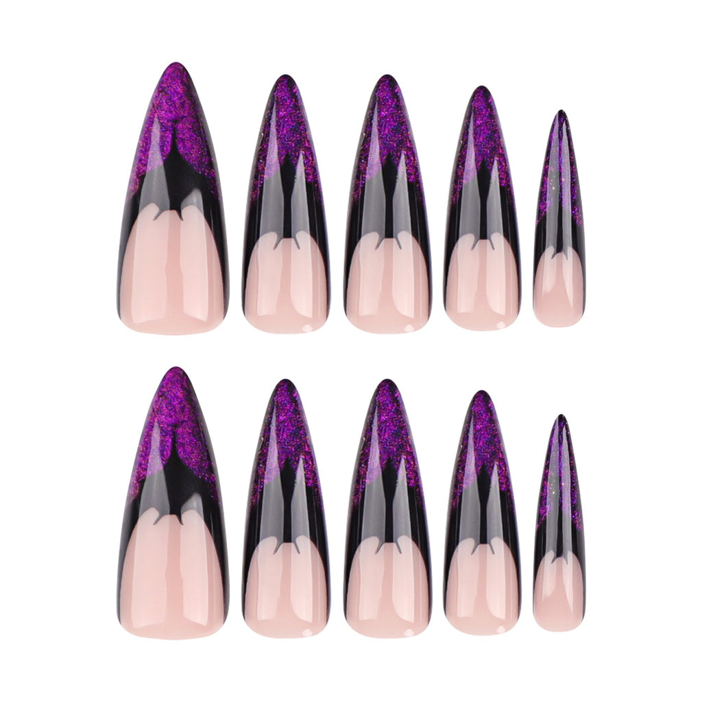 Purple Bat Gothic Press On Nails – Luxury Glitter Stiletto Halloween Fake Nail Set