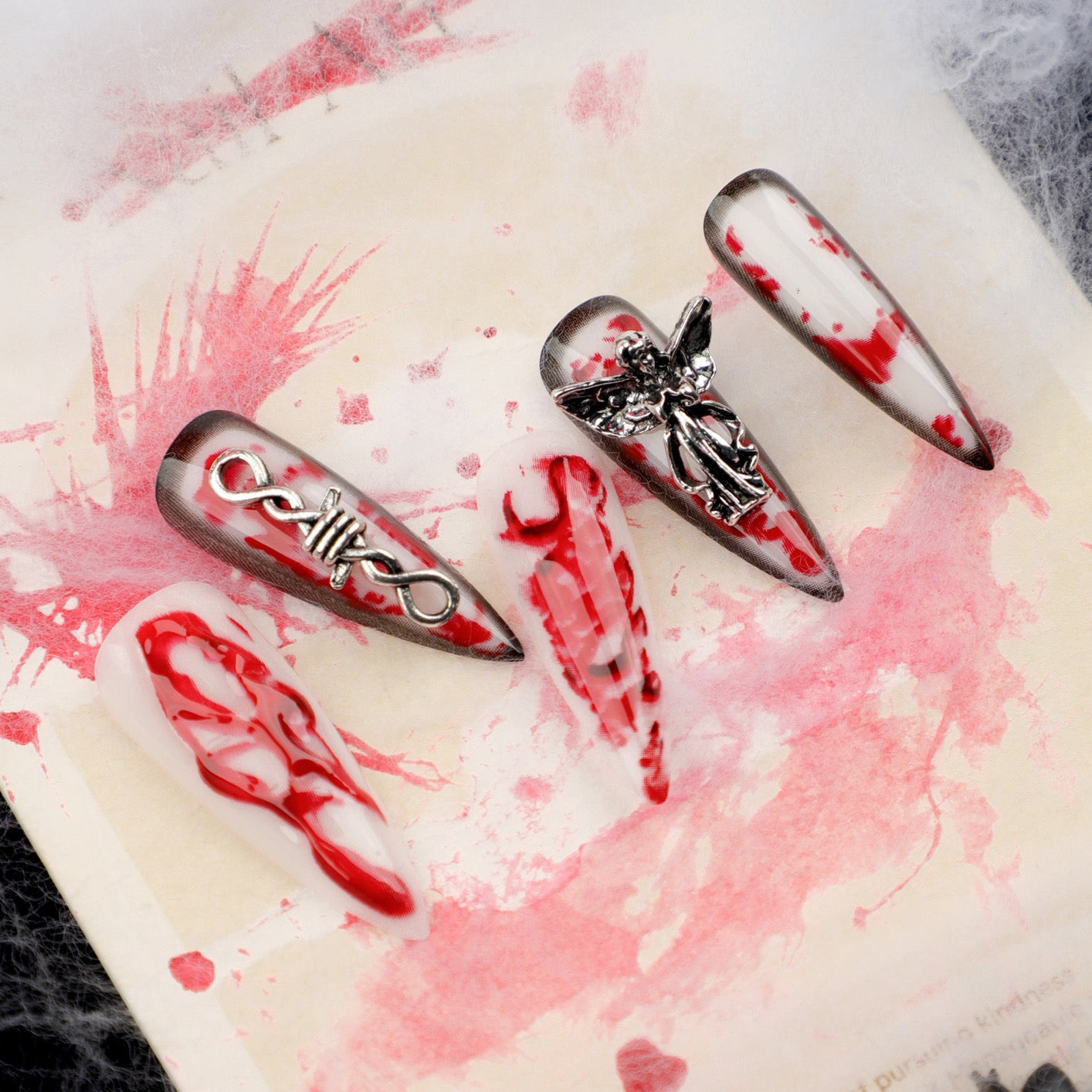Crimson Blood Charm Gothic Press On Nails – Luxury Red & White Stiletto 3D Nail Set