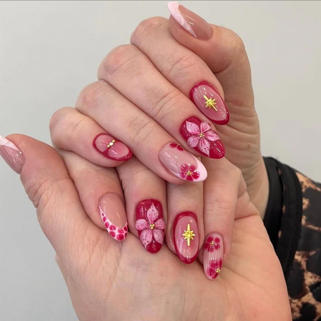 Pink Tropical Flower Press-On Nails | Handmade 3D Floral Almond Nails | Luxury Reusable Summer Vacation Nail Set