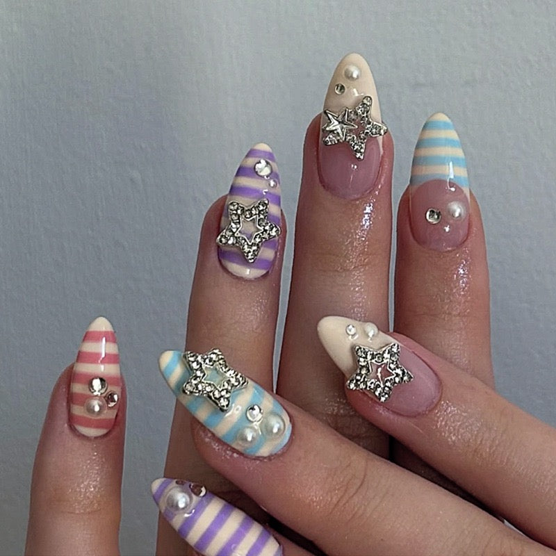 Dreamy Starfish Pearl Press On Nails | Pastel Striped Handmade Gel Nails | Y2K Vacation Nail Set