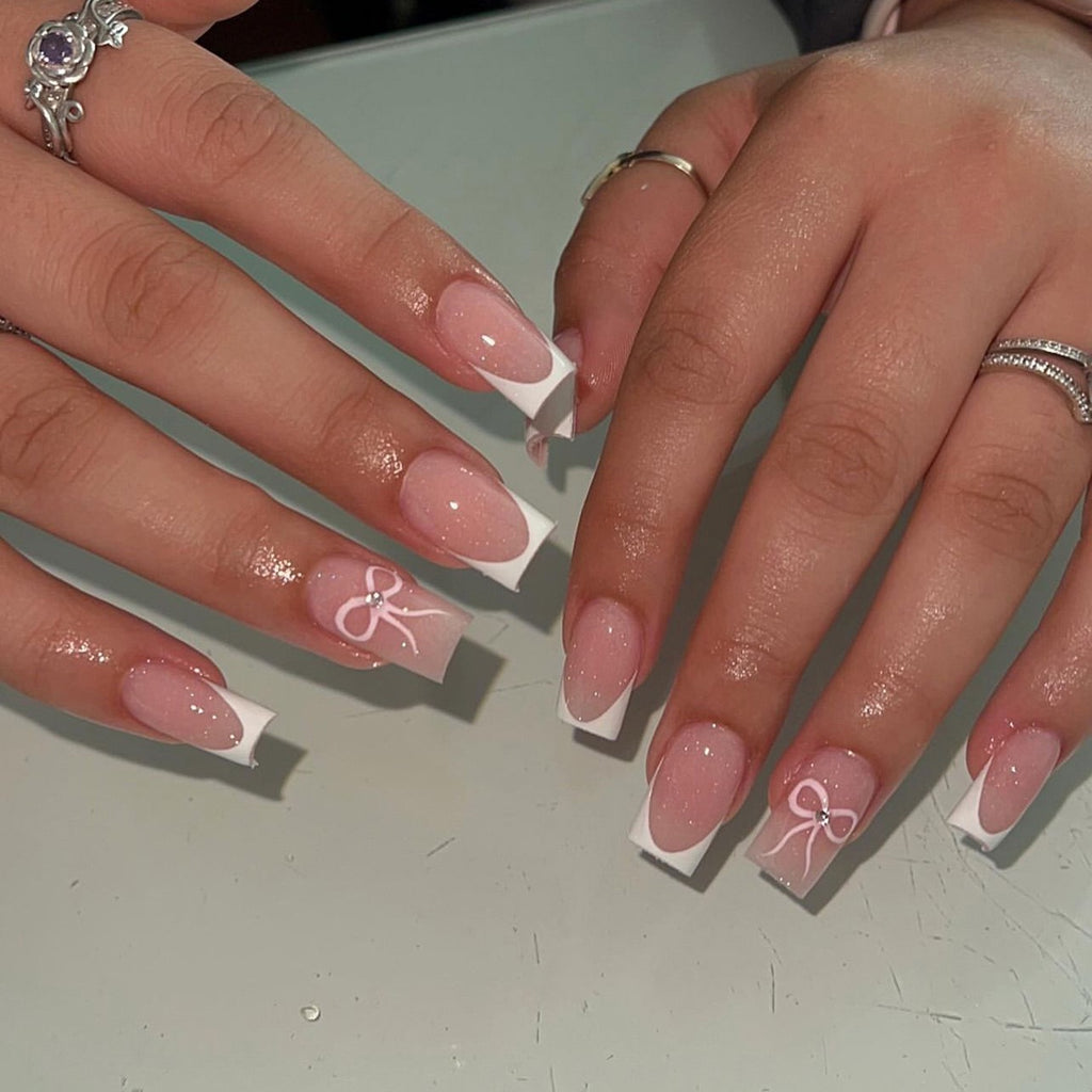 Coquette French Bow Press-On Nails | Handmade Pink French Tip Coffin Nails | Reusable Glossy Luxury Nail Set