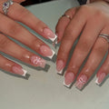 Coquette French Bow Press-On Nails | Handmade Pink French Tip Coffin Nails | Reusable Glossy Luxury Nail Set