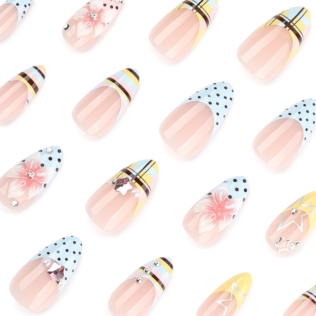 Luxury Floral French Press On Nails | Handmade Gel False Nails with 3D Flowers & Crystal Charms
