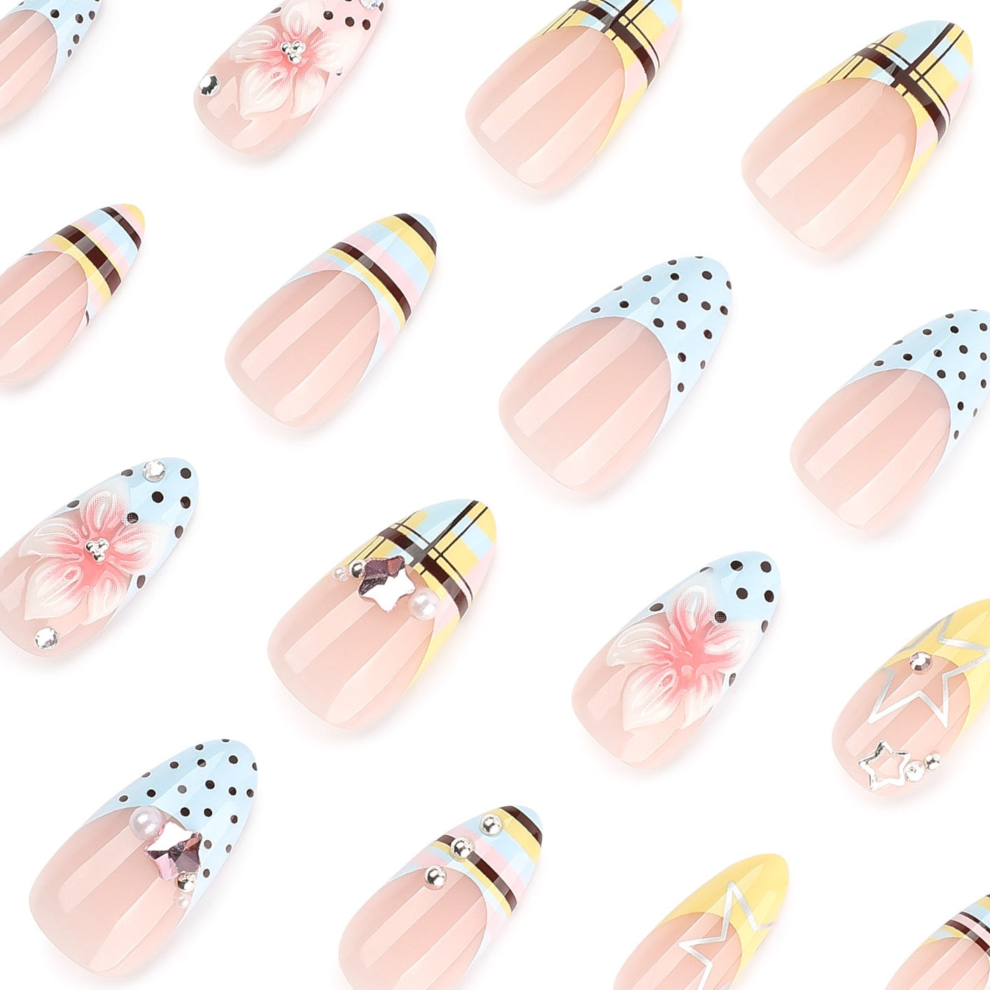 Luxury Floral French Press On Nails | Handmade Gel False Nails with 3D Flowers & Crystal Charms