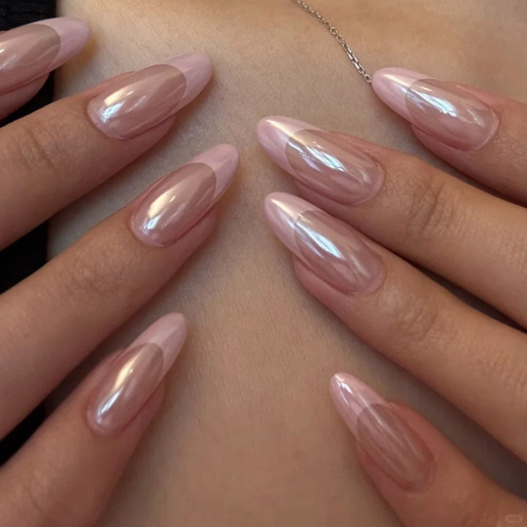 Glazed French Press-On Nails | Handmade Milky Pink Chrome Almond Nails | Luxury Reusable Glossy Nail Set