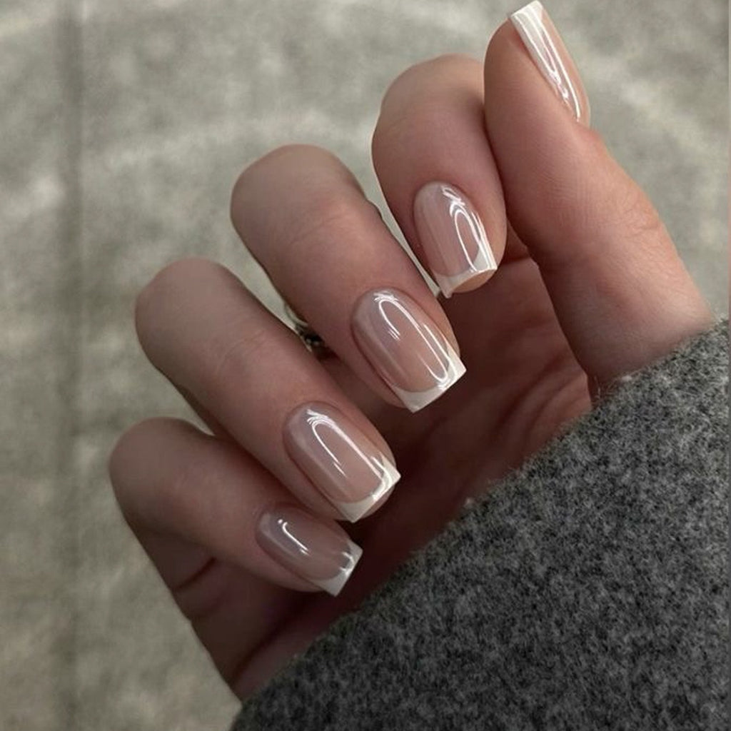Classic French Tip Press On Nails | Nude Gel Short Square Fake Nails