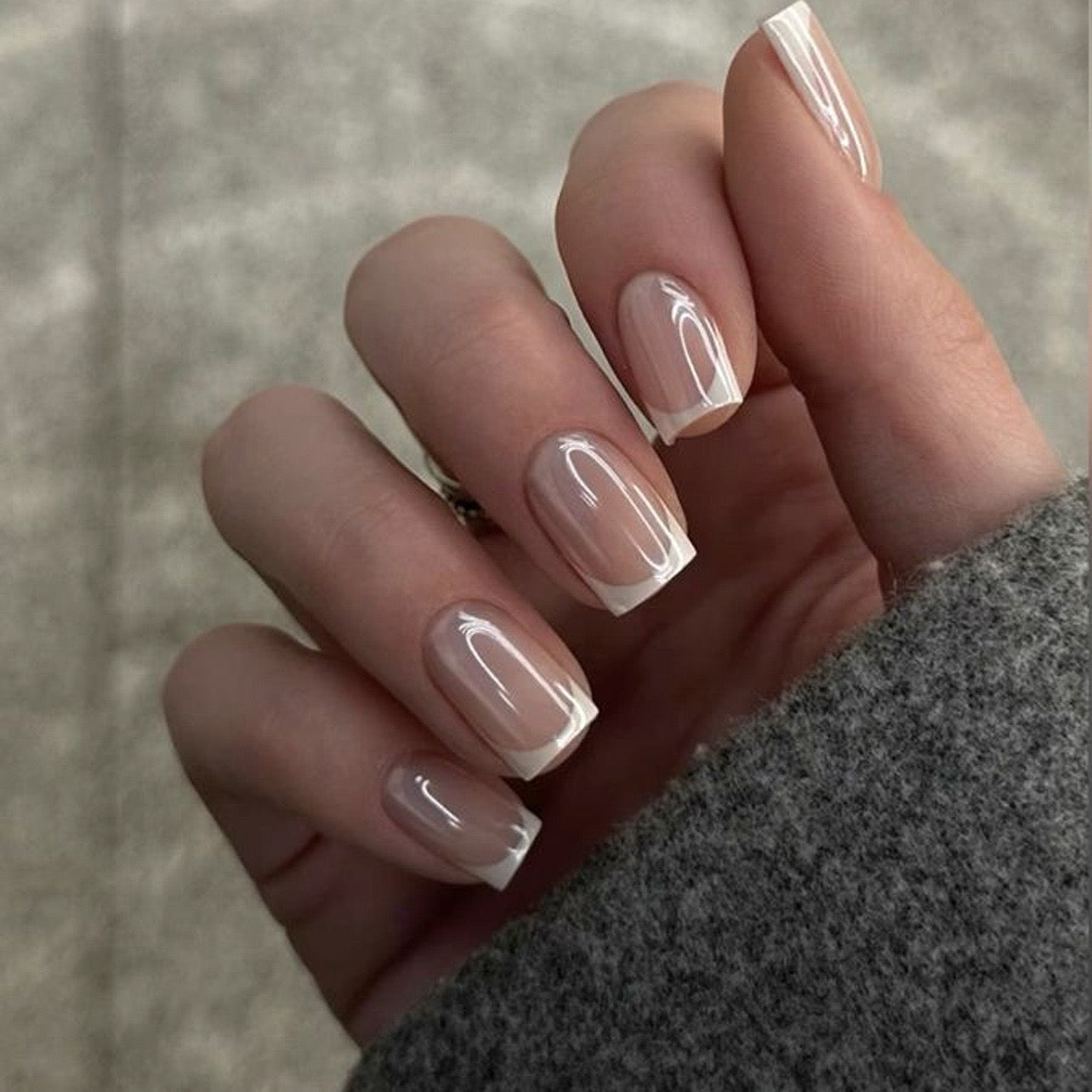 Classic French Tip Press On Nails | Nude Gel Short Square Fake Nails