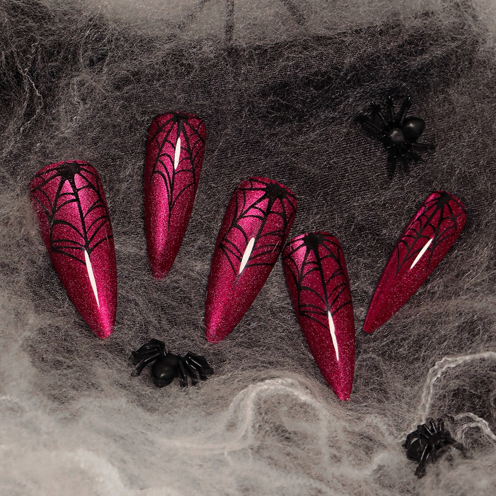 Crimson Midnight Gothic Press On Nails | Dark Red Spider Web Stiletto False Nails