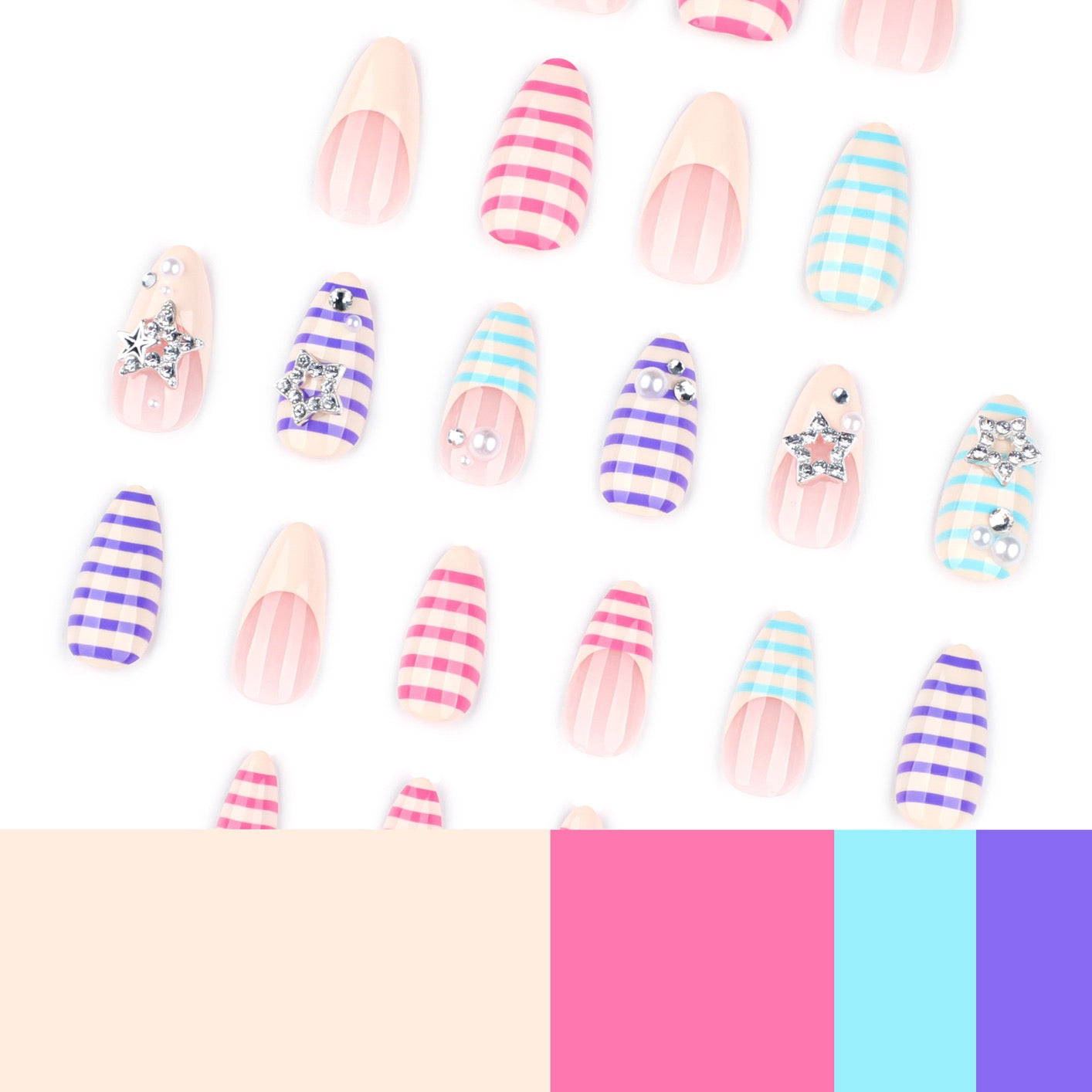 Dreamy Starfish Pearl Press On Nails | Pastel Striped Handmade Gel Nails | Y2K Vacation Nail Set
