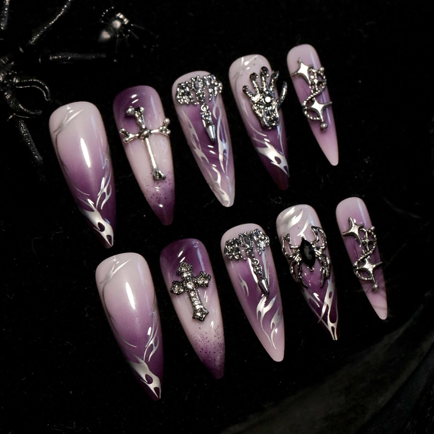 Dark Fantasy Gothic Press On Nails | Purple Chrome Stiletto Witchcore False Nails