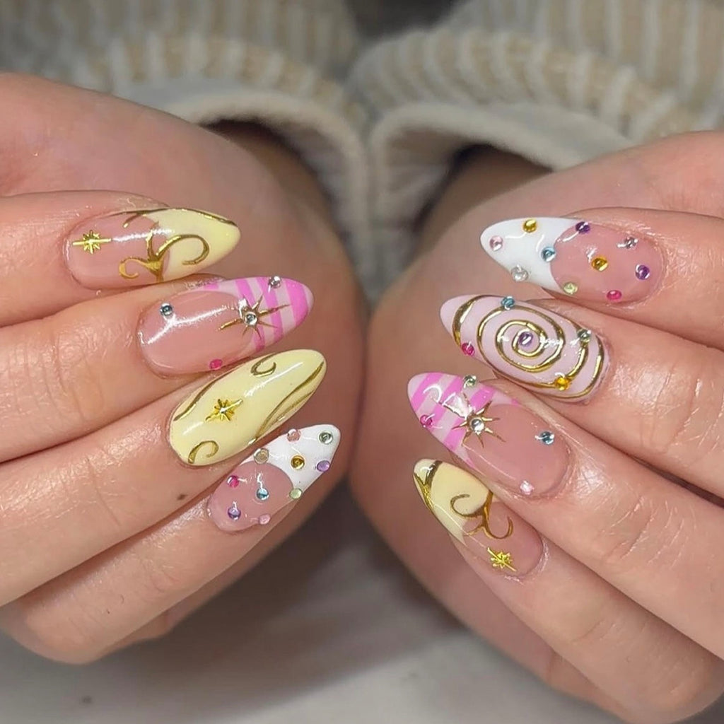 Dreamy Pastel Star Press On Nails – Handmade Pink & Yellow Kawaii Nail Set with Rhinestones