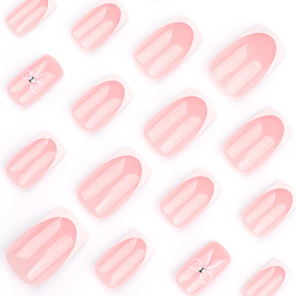 Coquette French Bow Press-On Nails | Handmade Pink French Tip Coffin Nails | Reusable Glossy Luxury Nail Set