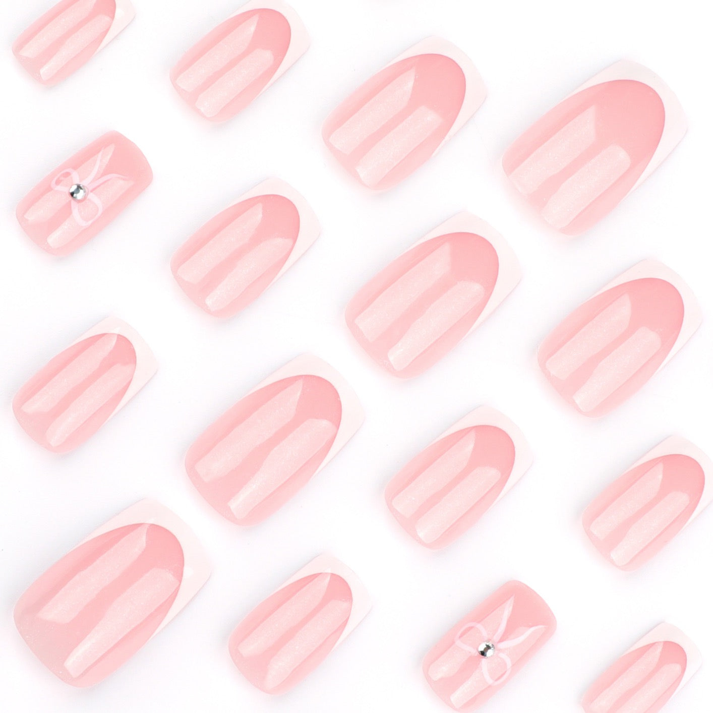 Coquette French Bow Press-On Nails | Handmade Pink French Tip Coffin Nails | Reusable Glossy Luxury Nail Set