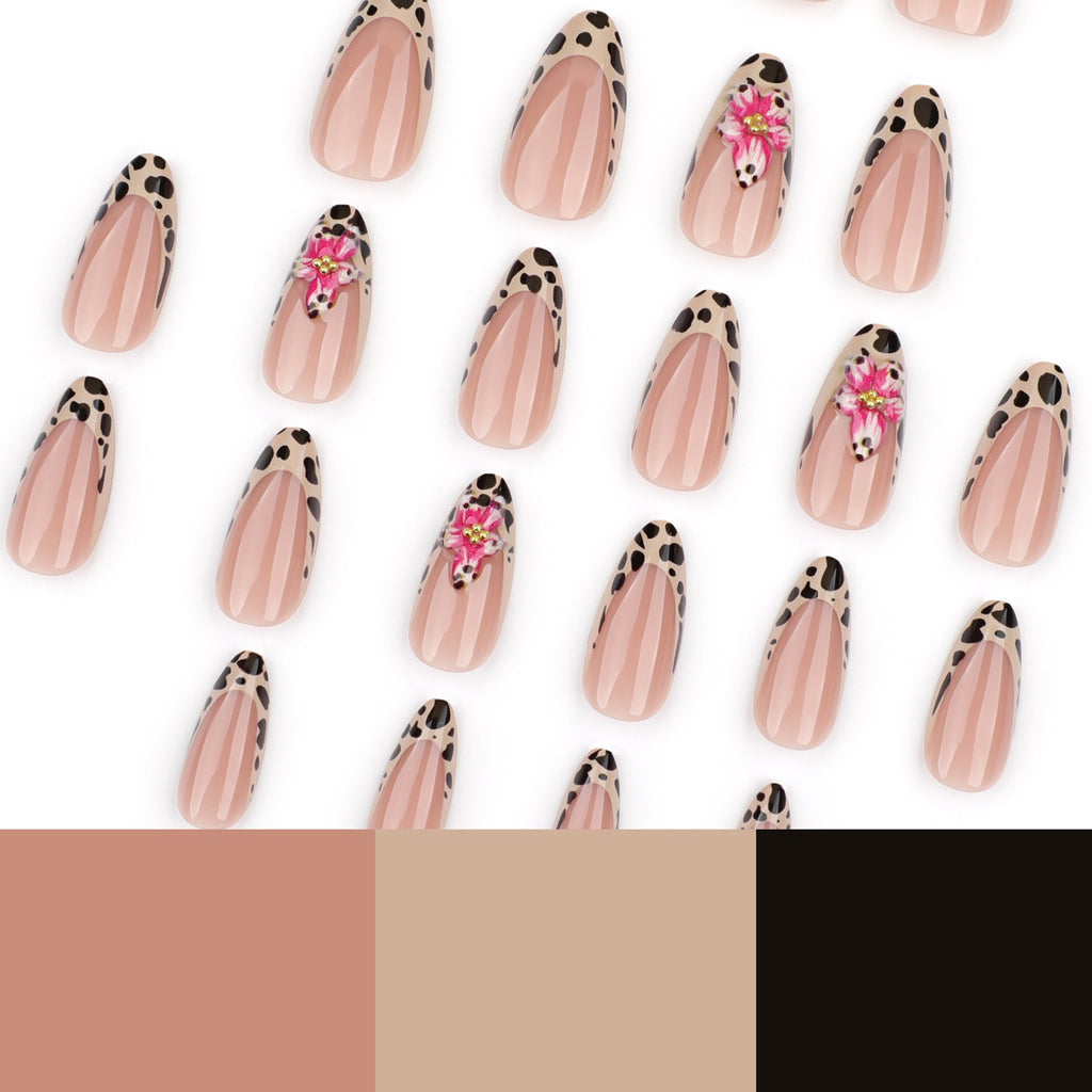 Leopard French Tip Press On Nails with 3D Pink Flowers | Glossy Almond Reusable False Nails