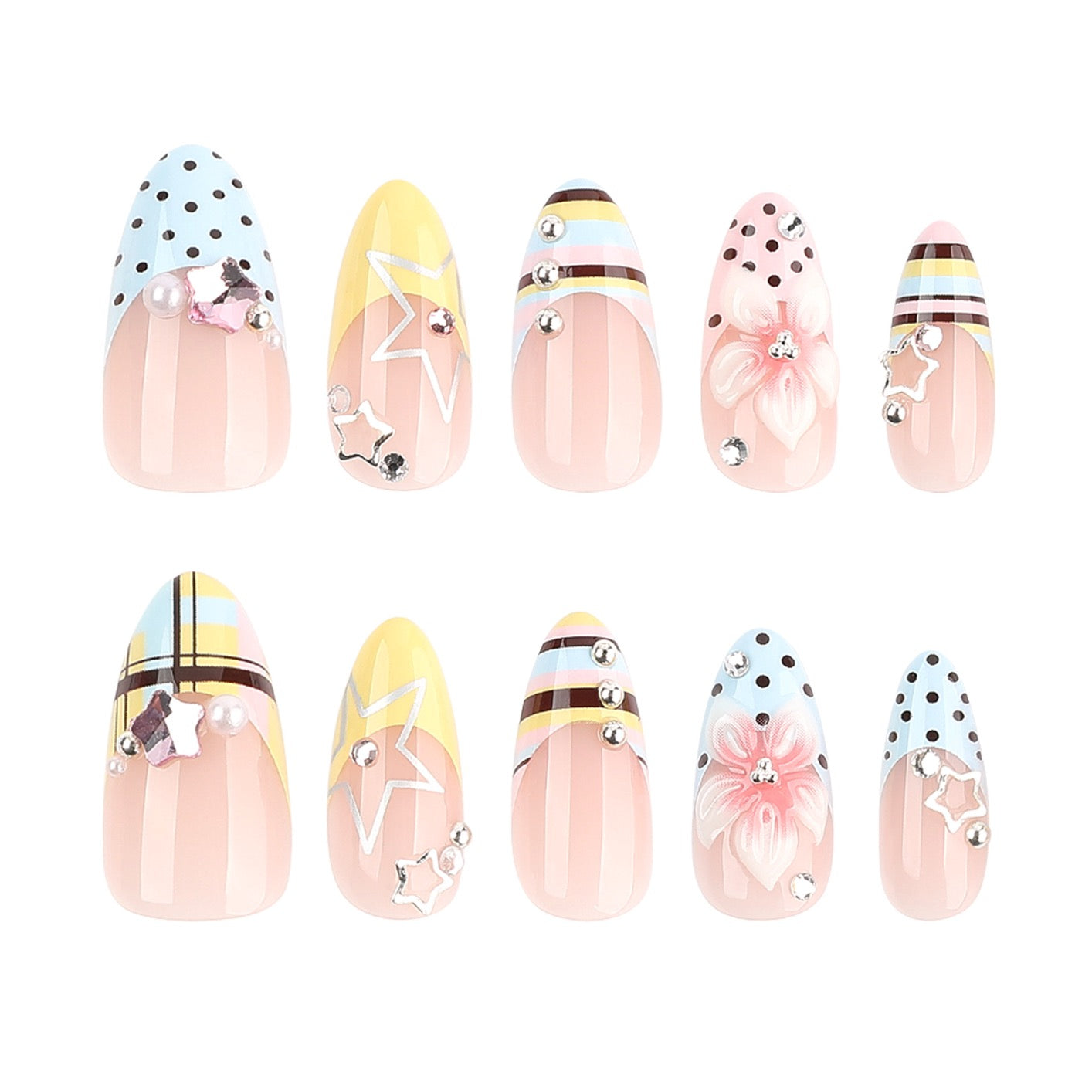 Luxury Floral French Press On Nails | Handmade Gel False Nails with 3D Flowers & Crystal Charms
