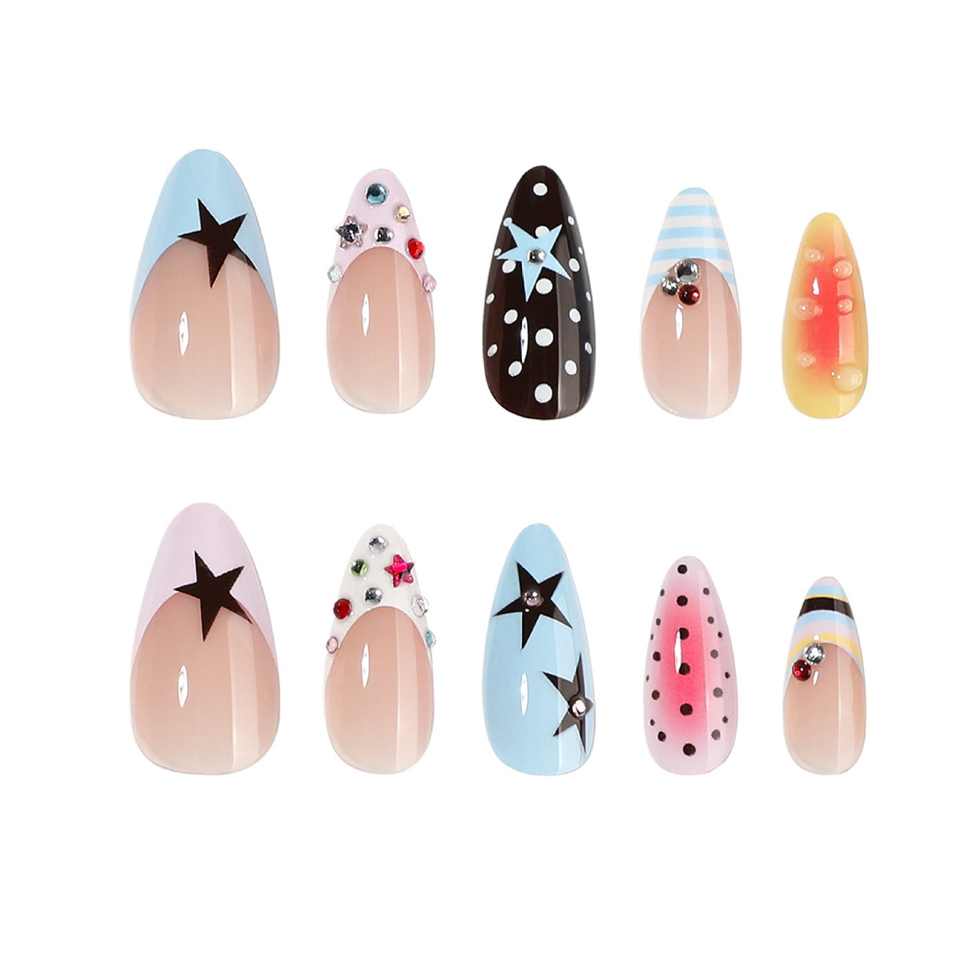 Dreamy Star Pop Press On Nails | Y2K Pink Blue Gel Nails with Cute Star & Polka Dot Design
