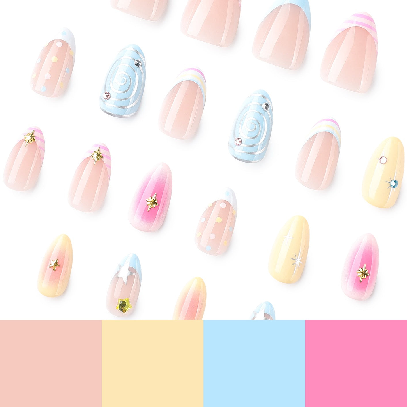 Fairy Dream Pastel Press On Nails | Handmade Gel False Nails with Star Charms & French Tip Design