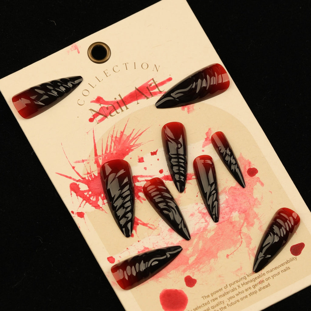 Midnight Blood Stiletto Press On Nails | Gothic Black & Red Chrome Vampire Nail Set