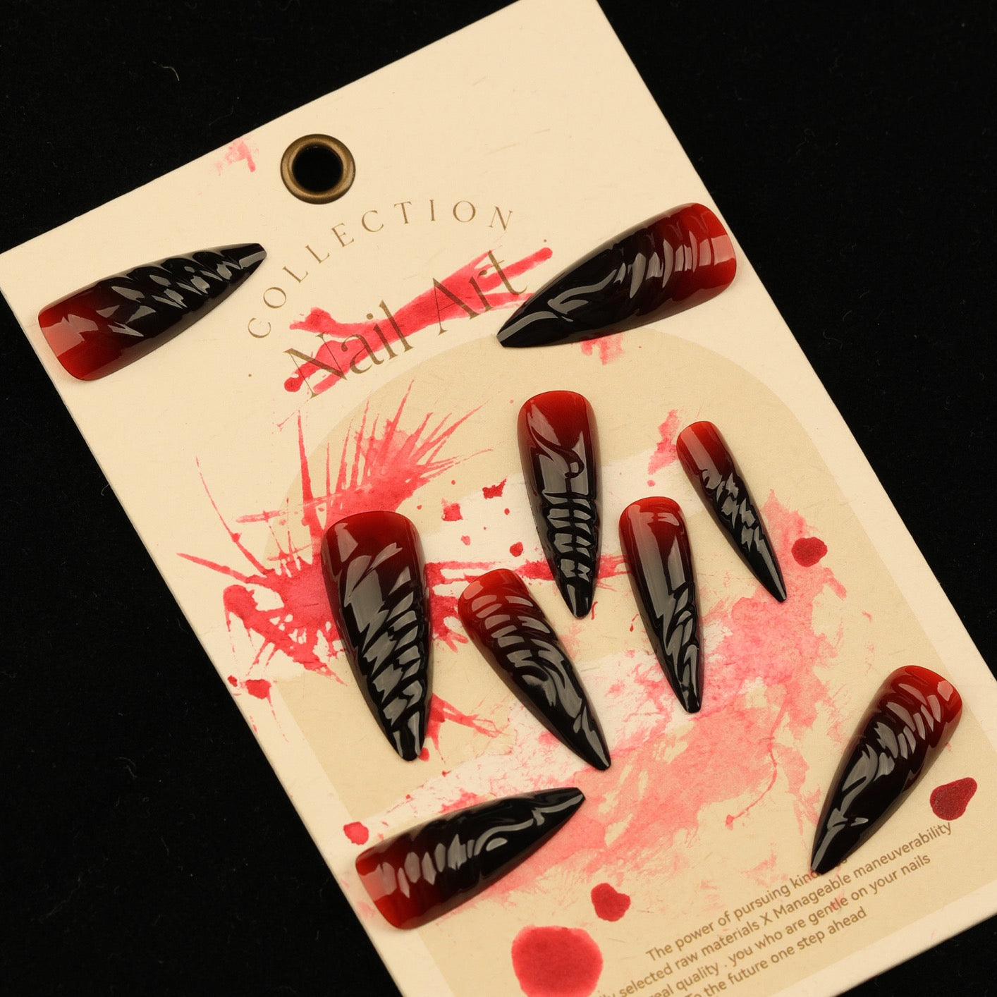 Midnight Blood Stiletto Press On Nails | Gothic Black & Red Chrome Vampire Nail Set
