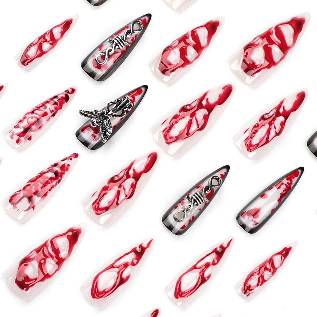 Crimson Blood Charm Gothic Press On Nails – Luxury Red & White Stiletto 3D Nail Set