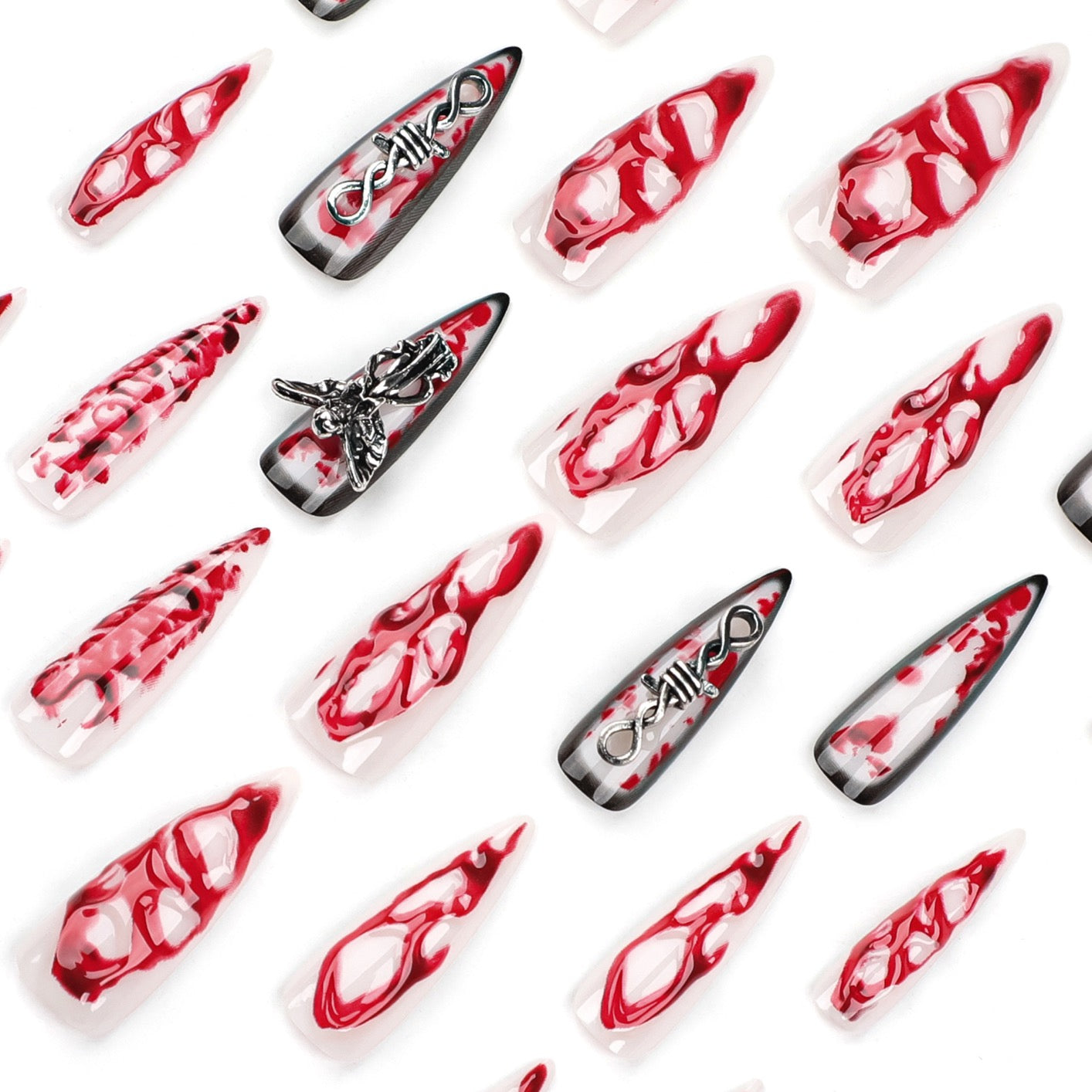 Crimson Blood Charm Gothic Press On Nails – Luxury Red & White Stiletto 3D Nail Set