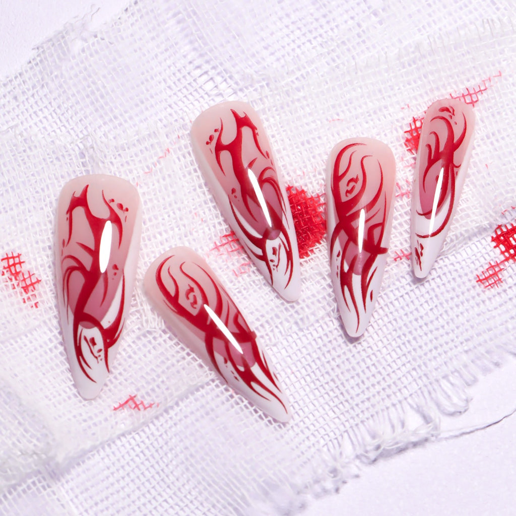 Blood Rose Gothic Press On Nails | Red & White Stiletto Vampirecore False Nails