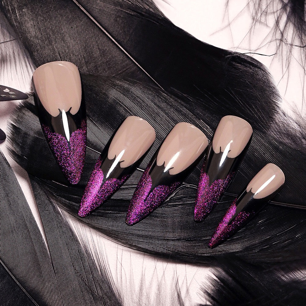 Purple Bat Gothic Press On Nails – Luxury Glitter Stiletto Halloween Fake Nail Set