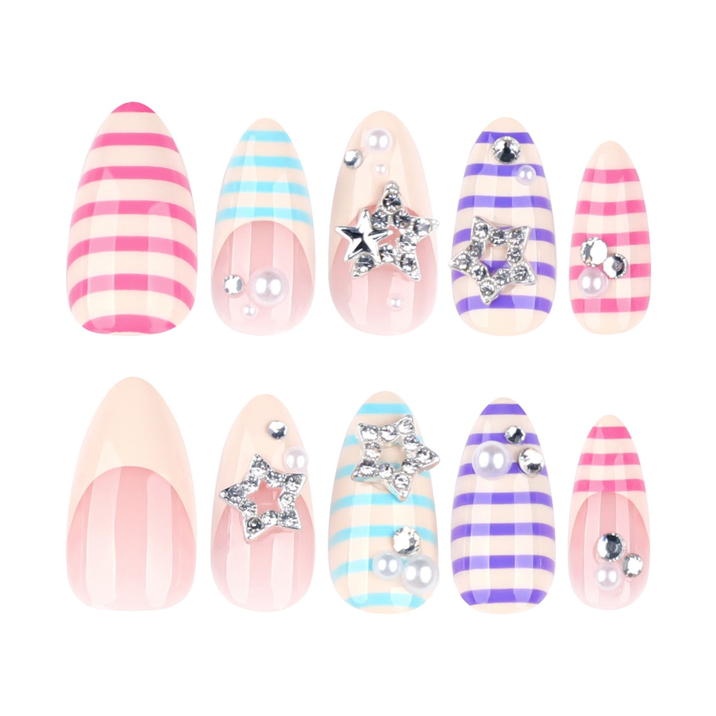 Dreamy Starfish Pearl Press On Nails | Pastel Striped Handmade Gel Nails | Y2K Vacation Nail Set
