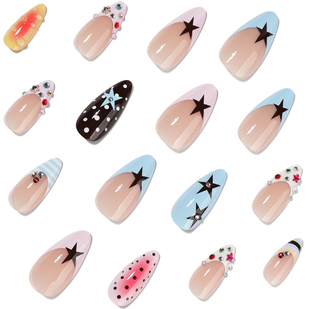 Dreamy Star Pop Press On Nails | Y2K Pink Blue Gel Nails with Cute Star & Polka Dot Design