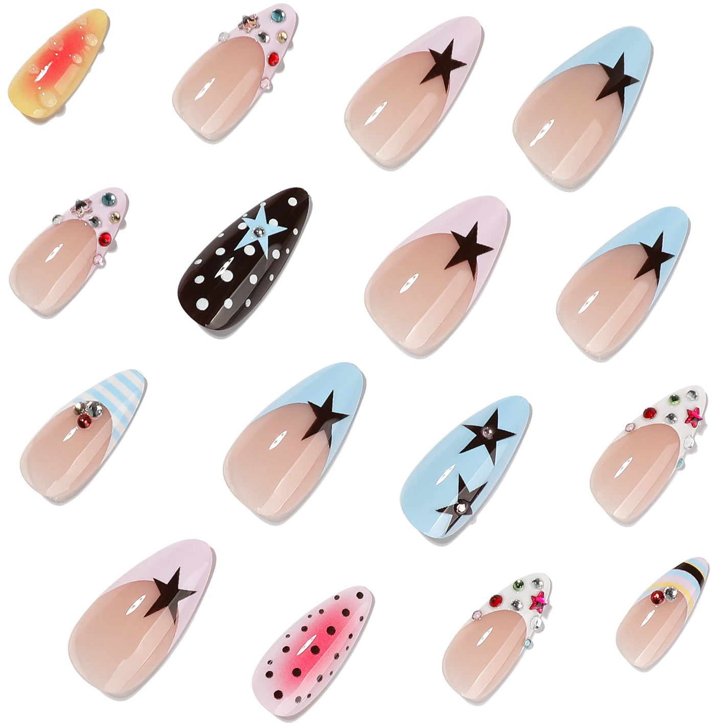 Dreamy Star Pop Press On Nails | Y2K Pink Blue Gel Nails with Cute Star & Polka Dot Design