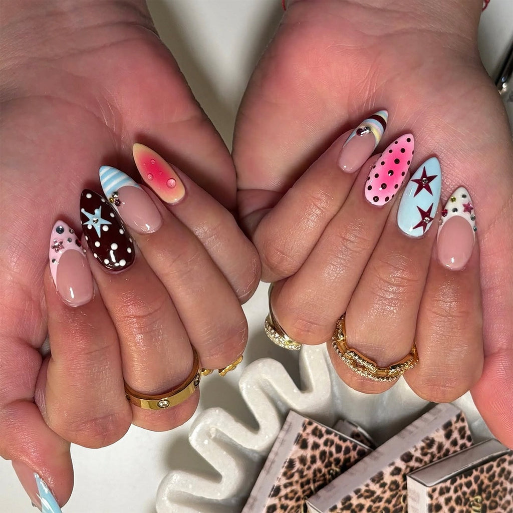 Dreamy Star Pop Press On Nails | Y2K Pink Blue Gel Nails with Cute Star & Polka Dot Design
