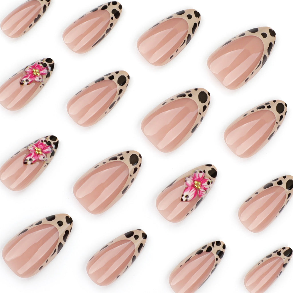 Leopard French Tip Press On Nails with 3D Pink Flowers | Glossy Almond Reusable False Nails