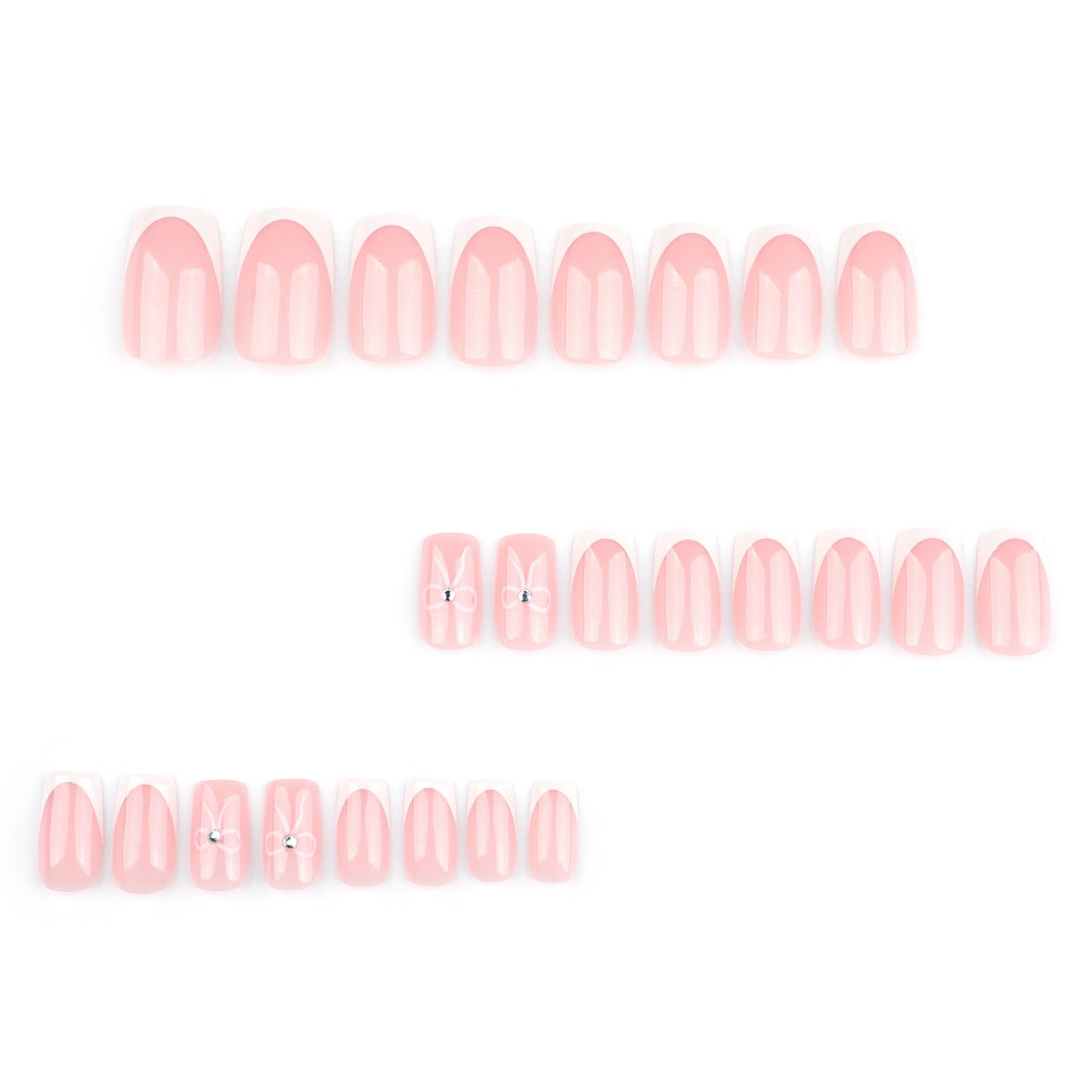 Coquette French Bow Press-On Nails | Handmade Pink French Tip Coffin Nails | Reusable Glossy Luxury Nail Set