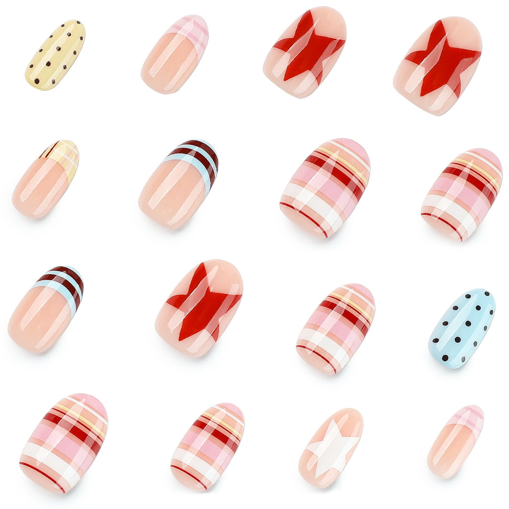 Pastel Candy Press On Nails | Cute Handmade Gel False Nails with French Tips, Stars & Polka Dot Design