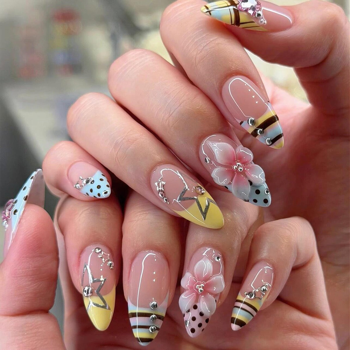 Luxury Floral French Press On Nails | Handmade Gel False Nails with 3D Flowers & Crystal Charms