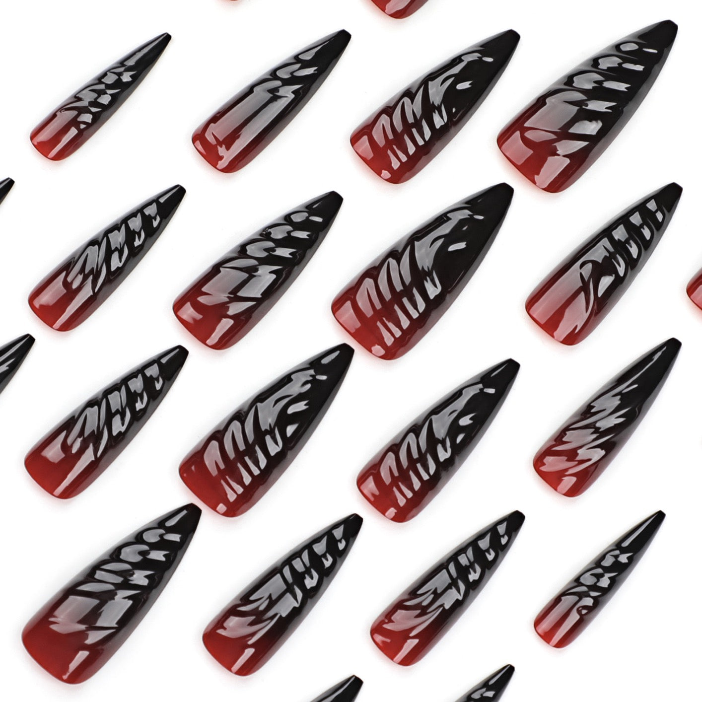 Midnight Blood Stiletto Press On Nails | Gothic Black & Red Chrome Vampire Nail Set