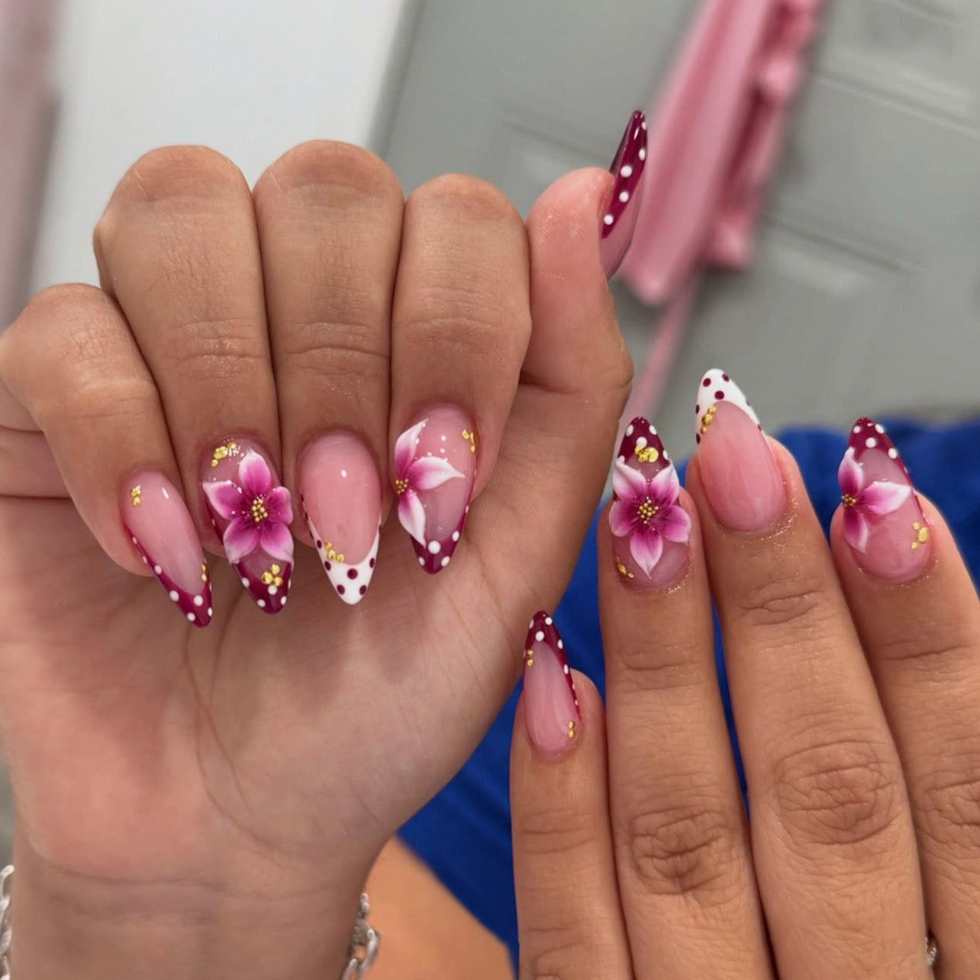 Pink Plumeria French Tip Press-On Nails | Handmade 3D Floral Almond Fake Nails | Luxury Reusable Summer Nail Set