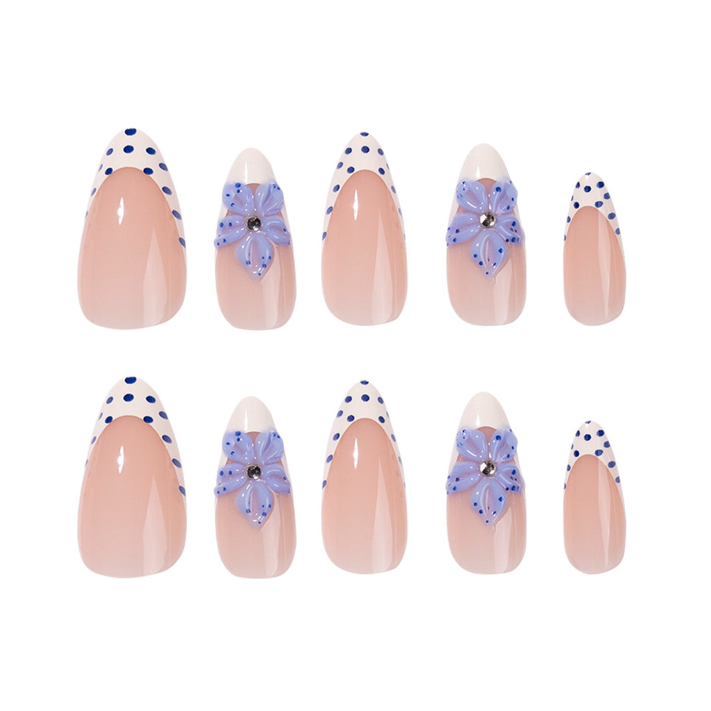 Blue Floral French Tip Press-On Nails | Handmade 3D Hydrangea Almond Nails | Luxury Reusable Coastal Summer Nail Set