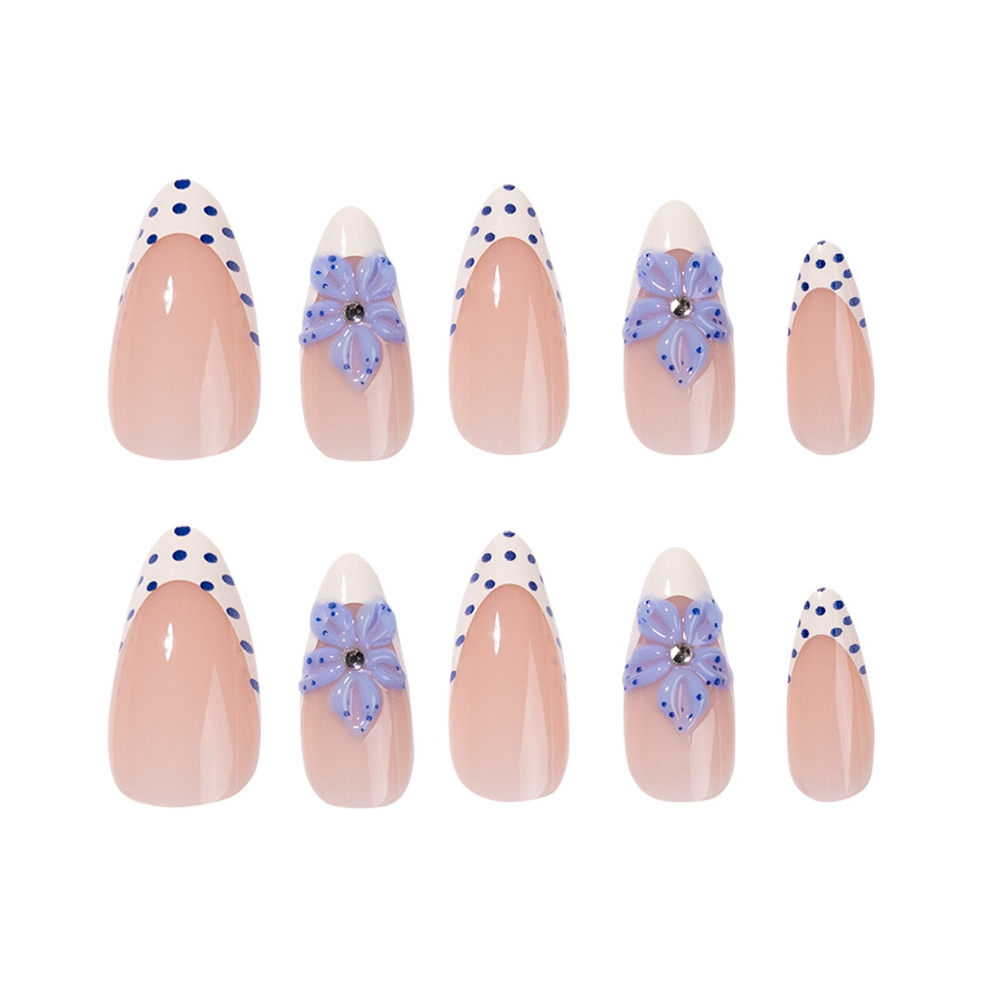 Blue Floral French Tip Press-On Nails | Handmade 3D Hydrangea Almond Nails | Luxury Reusable Coastal Summer Nail Set