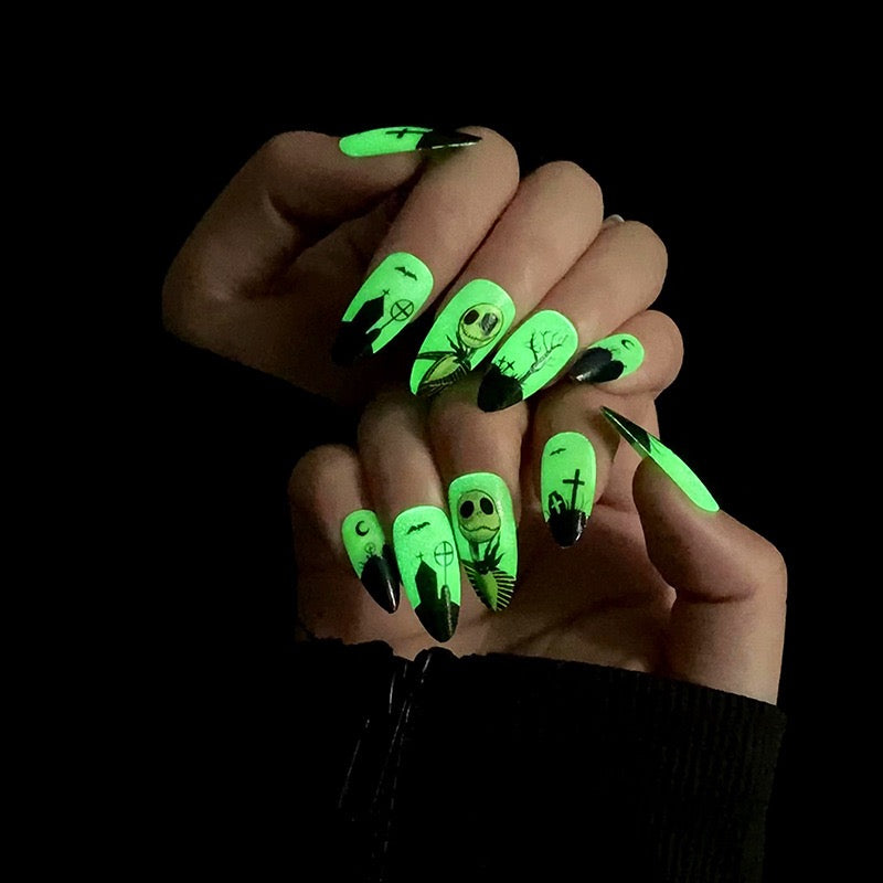 Toxic Glow Gothic Press On Nails | Neon Green Halloween Stiletto False Nails