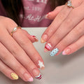 Pastel Candy Press On Nails | Cute Handmade Gel False Nails with French Tips, Stars & Polka Dot Design