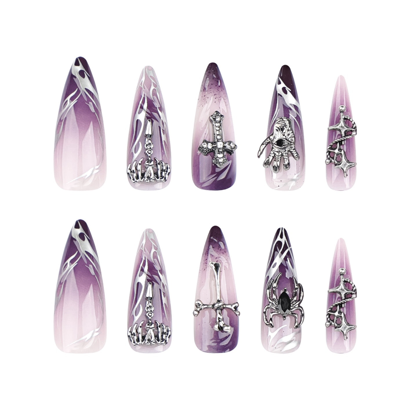 Dark Fantasy Gothic Press On Nails | Purple Chrome Stiletto Witchcore False Nails