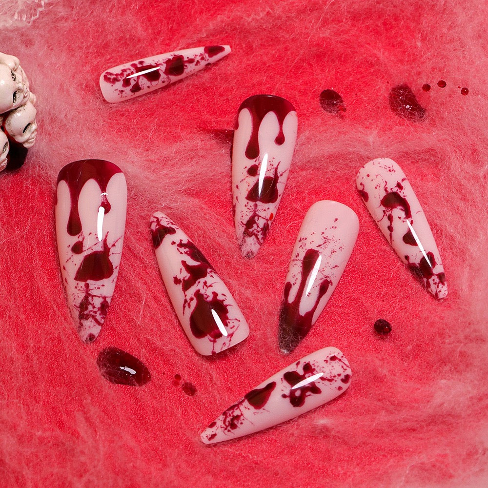 Blood Rose Gothic Press On Nails – Red Marble Stiletto Fake Nails | Dark Romance Nail Set