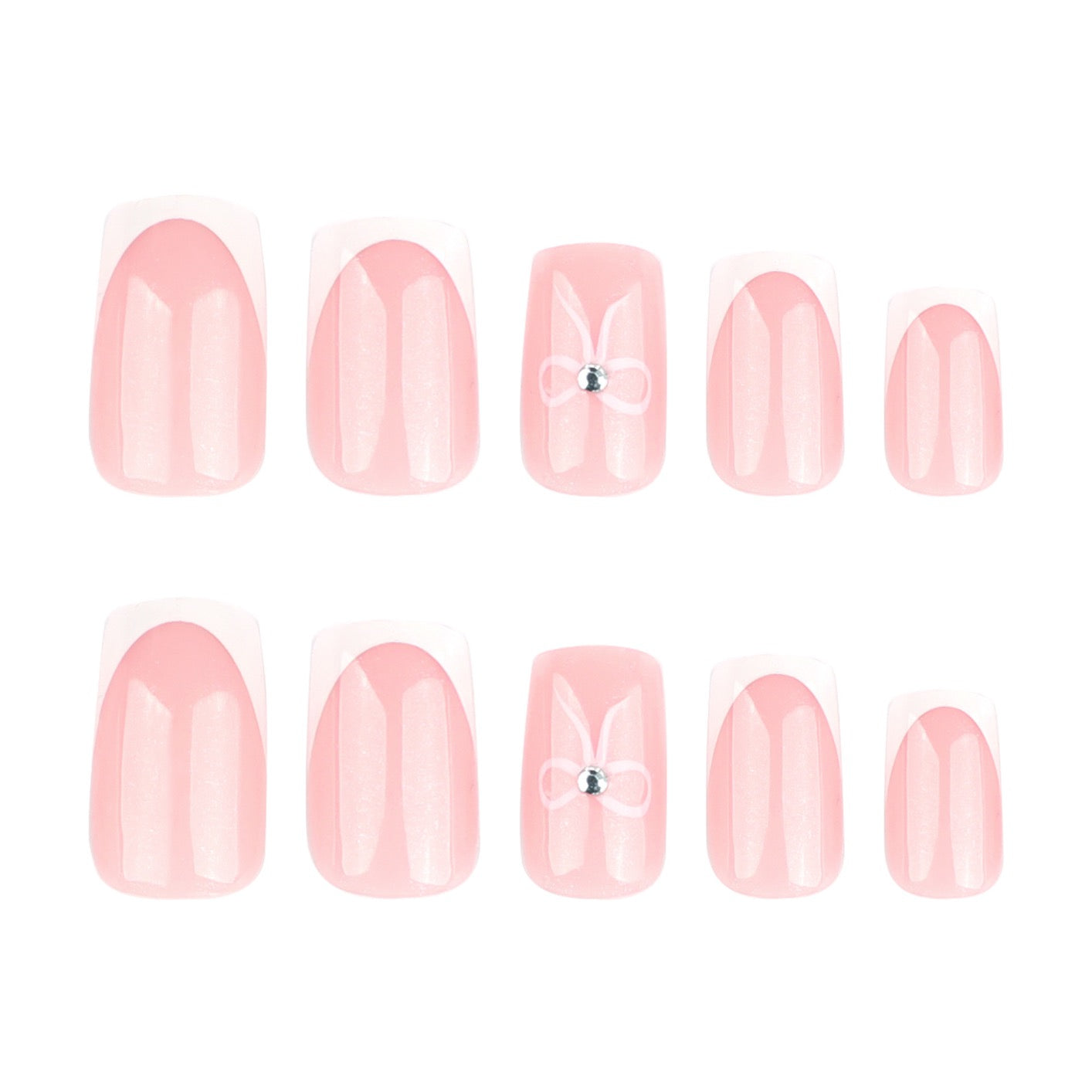 Coquette French Bow Press-On Nails | Handmade Pink French Tip Coffin Nails | Reusable Glossy Luxury Nail Set
