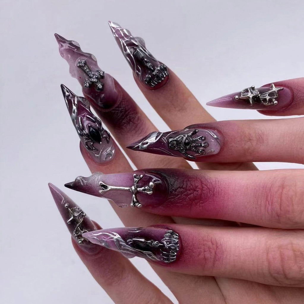 Dark Fantasy Gothic Press On Nails | Purple Chrome Stiletto Witchcore False Nails
