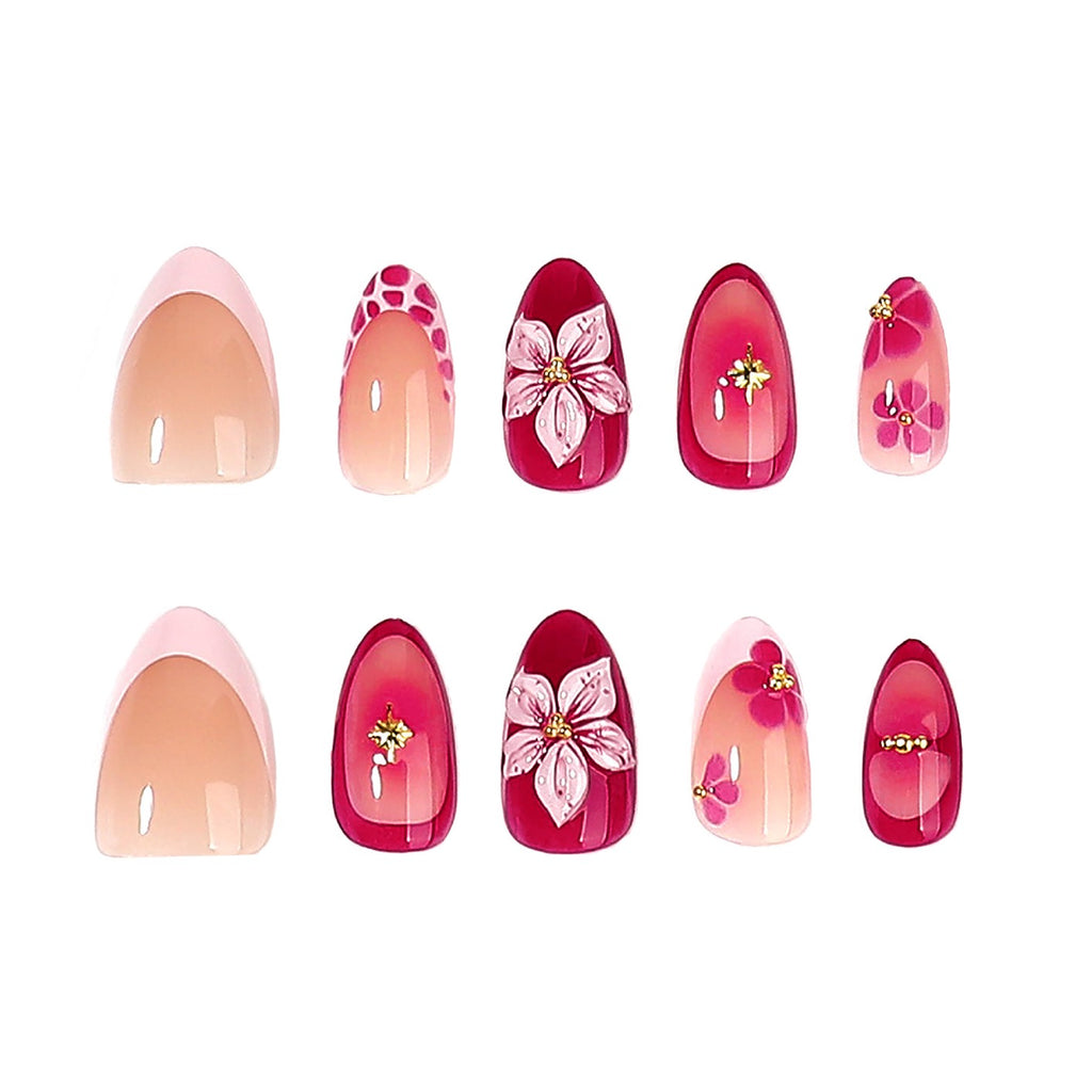 Pink Tropical Flower Press-On Nails | Handmade 3D Floral Almond Nails | Luxury Reusable Summer Vacation Nail Set