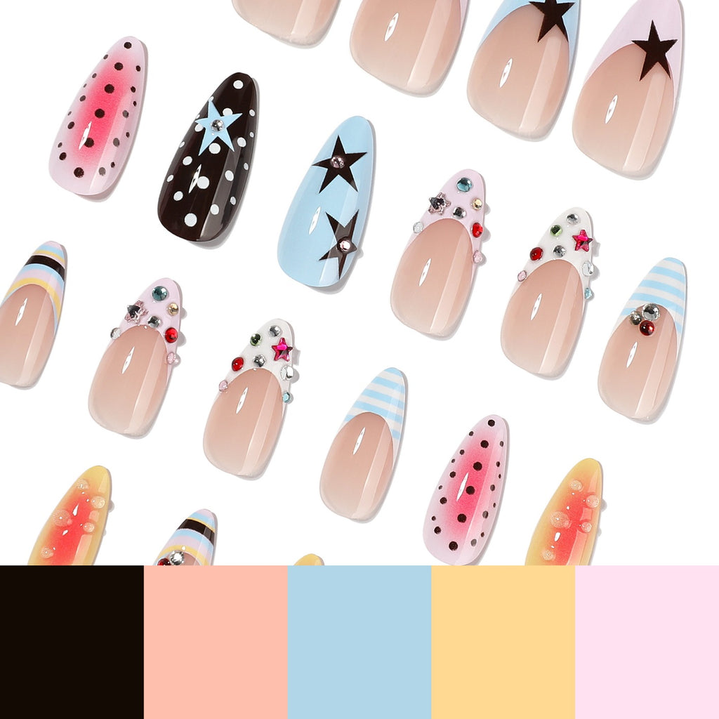 Dreamy Star Pop Press On Nails | Y2K Pink Blue Gel Nails with Cute Star & Polka Dot Design